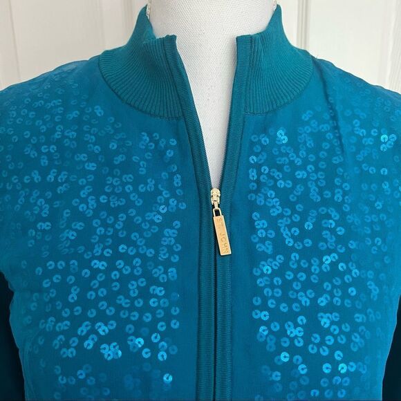 St. John Sheer Sequin Zip Cardigan Sweater Baltic Blue Small MSRP $695 - Picture 6 of 10